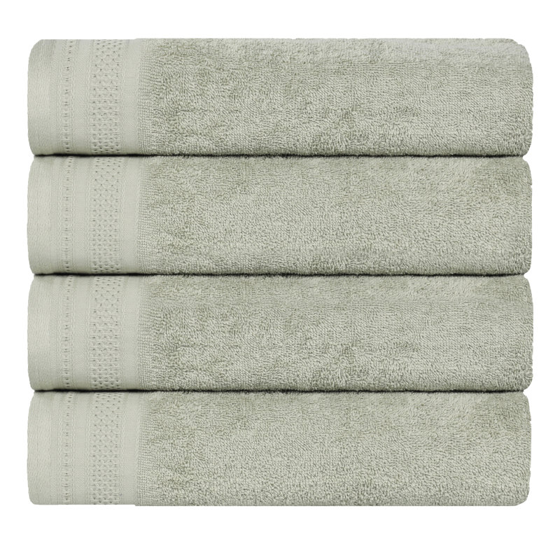 Honeycomb Textured Waffle Border Cotton Medium Weight Bath Towels, Sage