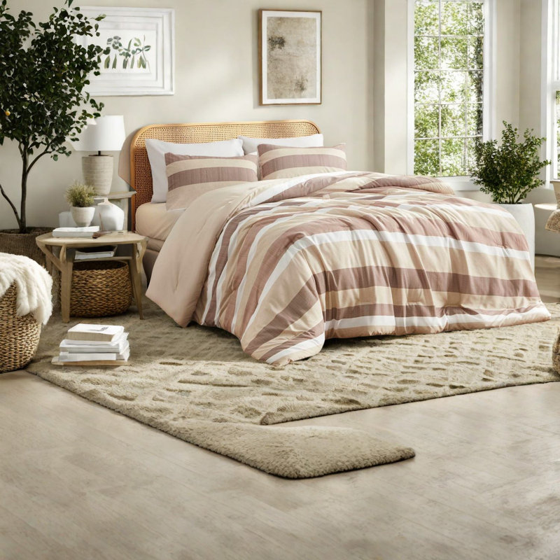 Premium 3-piece Bedding Set, Soft Polyester Comforter With Textured Stripe Design, Terracotta