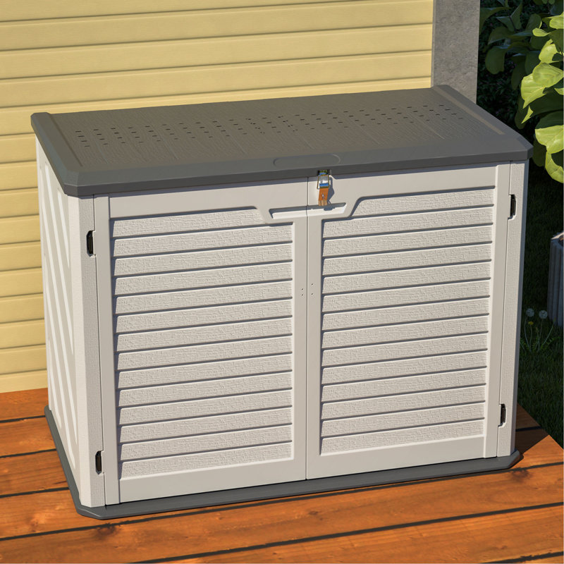 Résistance aux intempéries avec remise horizontale, grande armoire de rangement extérieure verrouillable, unité de rangement en plastique PEHD épais pour les cours, le patio et le jardin (28 pieds cubes / ivoire)