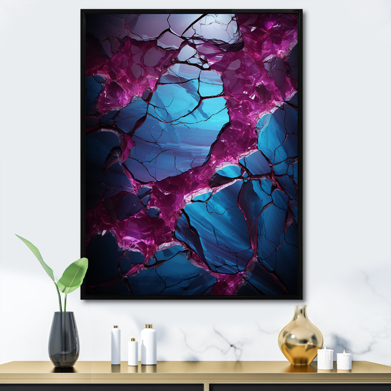 Bleu et mauve sans soudure Marble River III - décoration murale abstraite, Cadre flottant noir, 60" H x 28" W