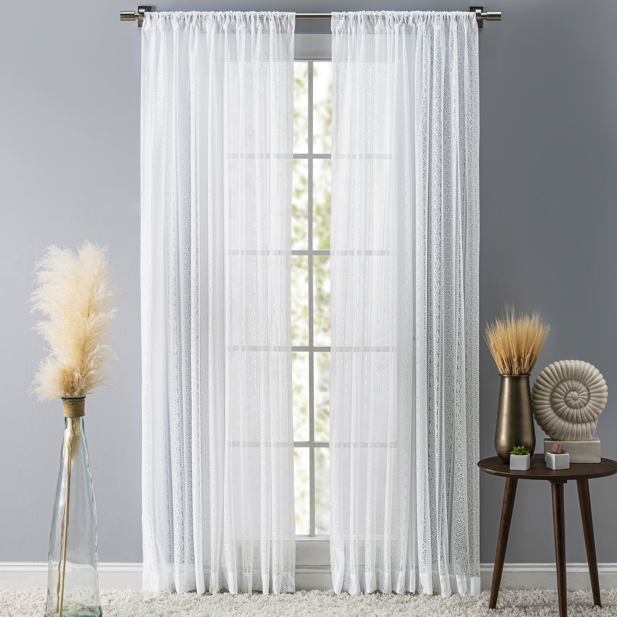 Erial Modern Geometric Lace Semi-Sheer Rod Pocket Elegant Curtain Panel, White, 54'' W x 96'' L