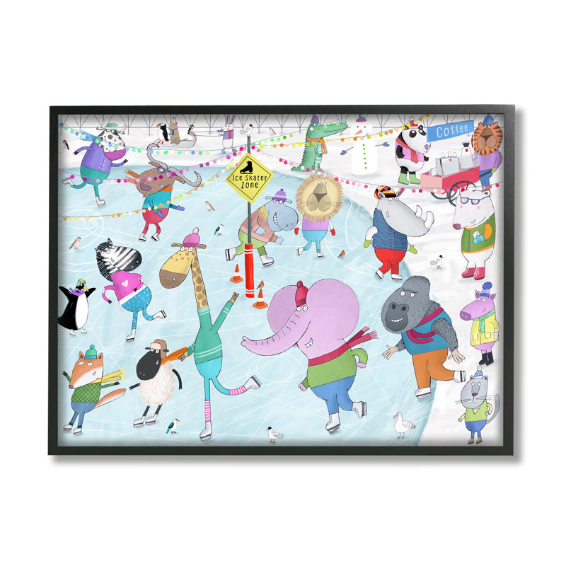 Animaux, scène de patinage sur glace, art giclée par Carla Daly, H 16 po x l 20 po x P 1,5 po, Giclée encadrée noir minuit