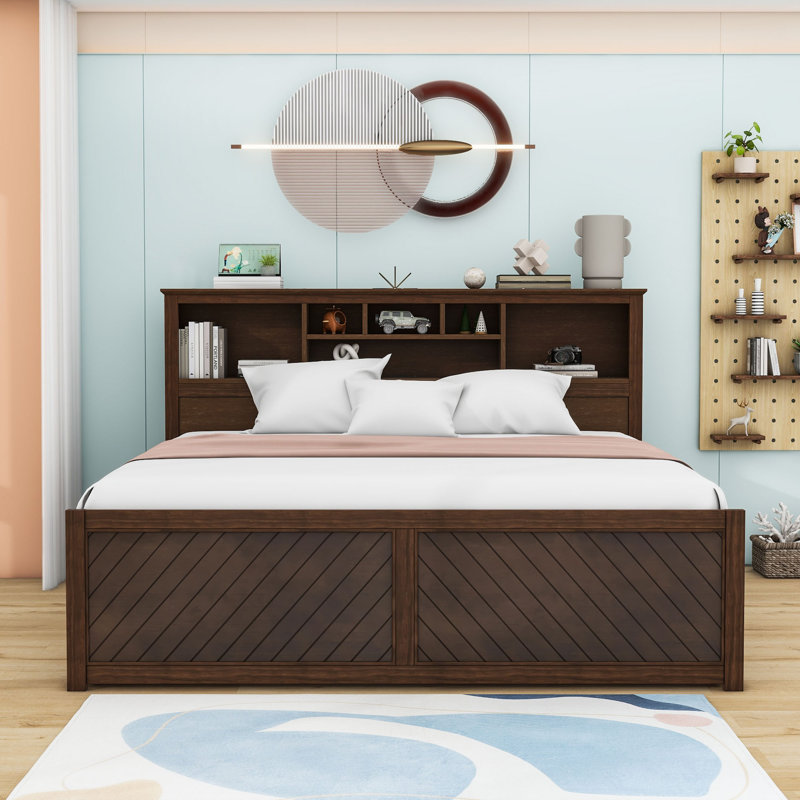 King Platform Bed with USB-Equipped Storage Headboard and 2 Drawers, Antique Wood