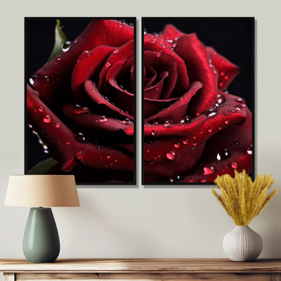 Rose rouge avec gouttes de pluie II - art mural rouge 2 panneaux