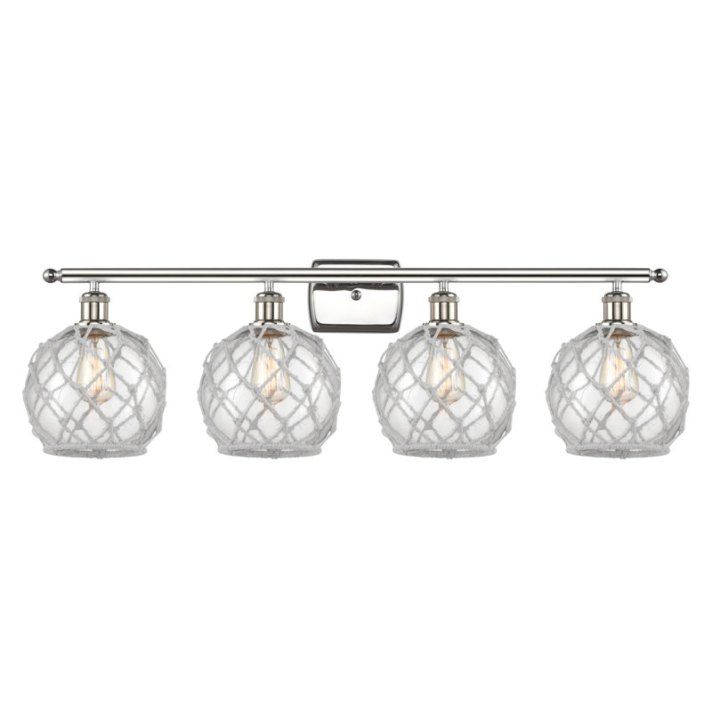 Éclairage de salle de bain à intensité variable 4 lumières Larochelle Farmhouse Rope, Transparent/blanc, Nickel poli