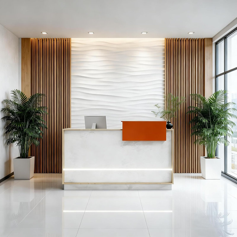 Bureau de réception contemporain en placage de travertin, comptoir lumineux pour hall d'entrée et espaces commerciaux