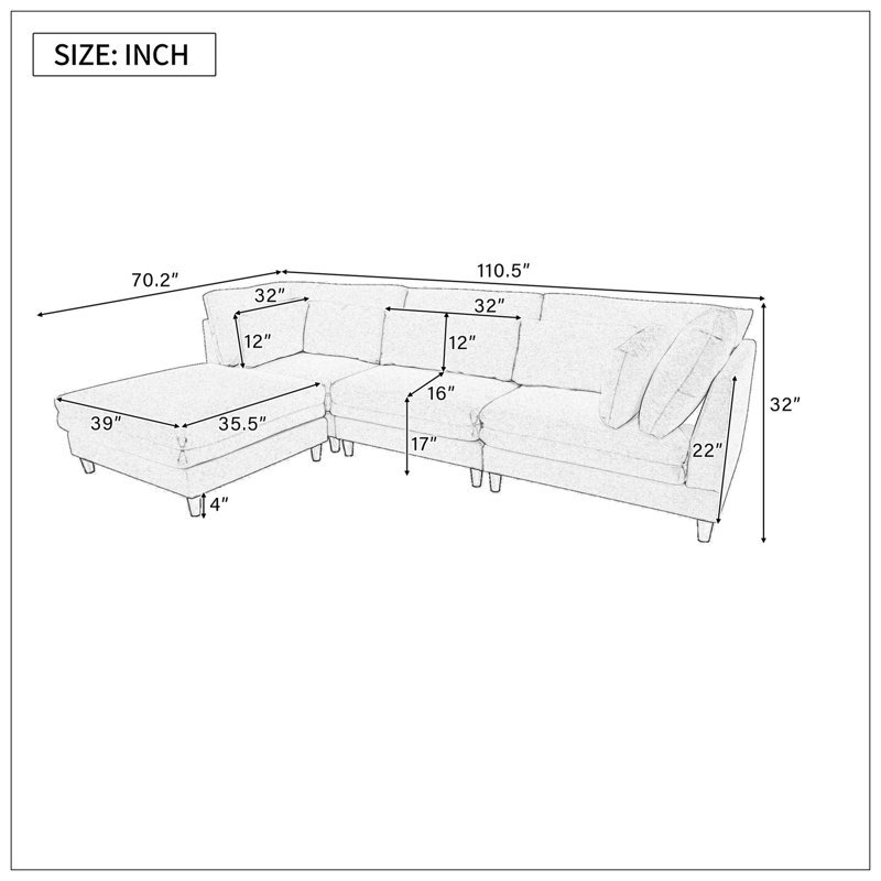Modern Modular Sectional Sofa With Movable Ottoman, 110 Inch 4 Seat  Sofa Set With 5 Pillows, Unique Piping Stitch Design, Convertible L-Shaped Sofa For Living Room, Office & Spacious Rooms