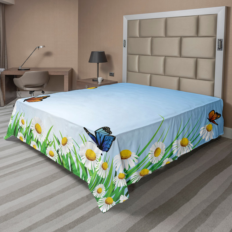 Ambesonne Colourful Top Flat Sheet Daisy with Butterflies King Multicolor