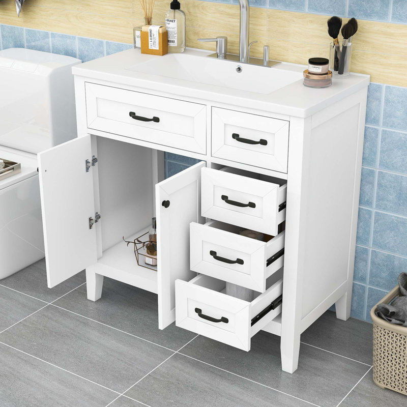 Meuble-lavabo autoportant avec lavabo en céramique, 3 tiroirs et armoire de rangement, Blanc