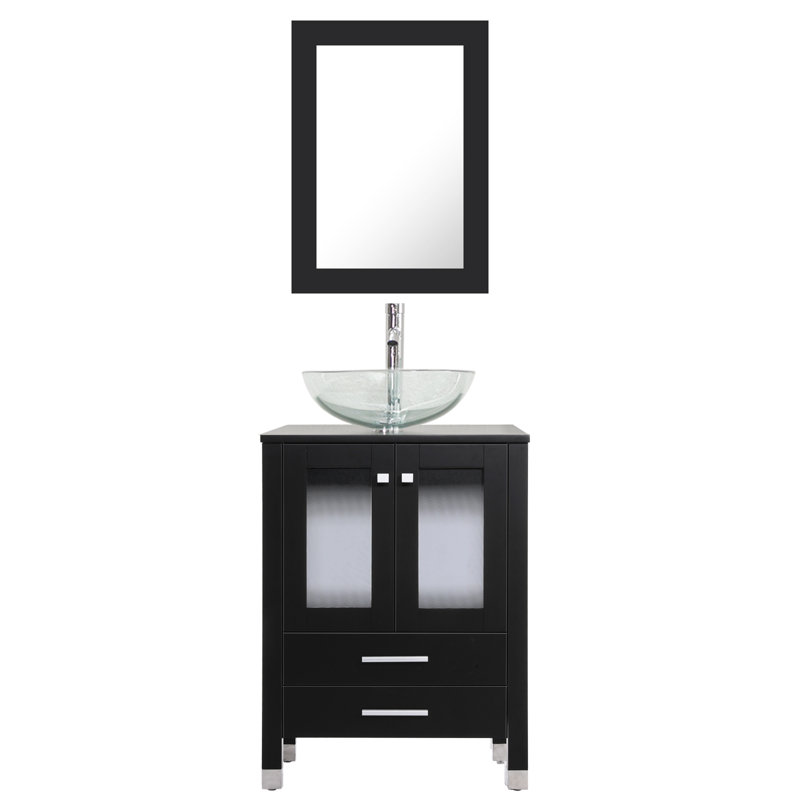 Meuble-lavabo simple 24 po avec plateau en bois , lavabo vasque, robinet en alliage de zinc, Noir, noir, noir, noir