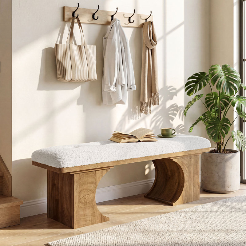 Banc de 47,24 po rembourré pour hall d'entrée, banc à chaussures rustique avec coussin moelleux, base courbée