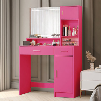 Vanity Desk with Mirror and LED Light Strip,Dressing Table with Large Drawer, 3 Level Storage Dresser & 3 Lighting Modes Adjustable Brightness
