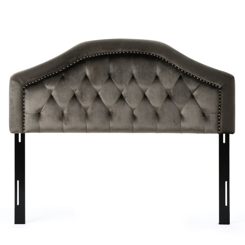 Grey Velvet Headboard For Full Sized Beds, Manifesting Button Tufting Artistry Nailhead Beauty & In Velvet, Illustrating Class Distinction