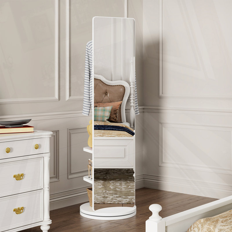Rotating Multifunctional Full Length Mirror With Hook Storage Rack, White