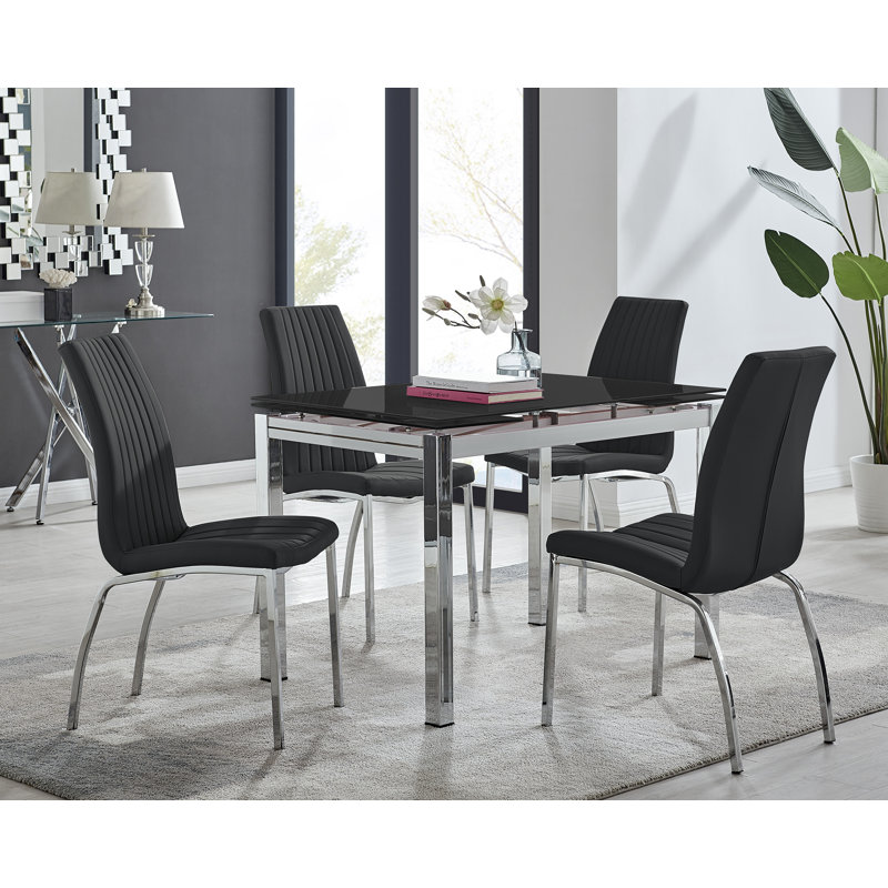 Tierra Modern Glass & Metal Extendable Dining Table Set & 4 Luxury Faux Leather Dining Chairs, Black/Chrome