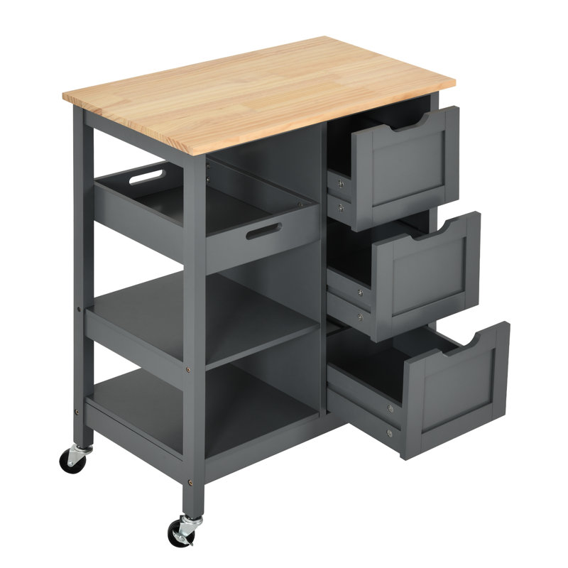 Baveline 27"x15" Classic Kitchen Cart, Kitchen Rack on Wheels with Solid Wood Top, Drawers and Multifunction Racks