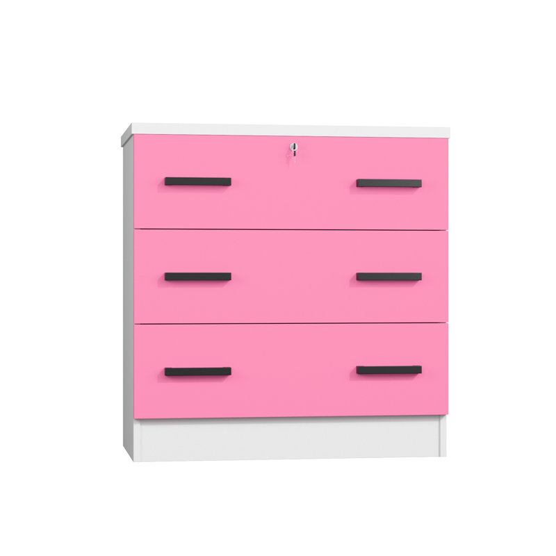 Commode 3 tiroirs, Blanc/rose