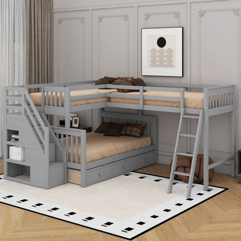 Lit superposé simple au-dessus d'un lit double en L avec tiroirs, Gris