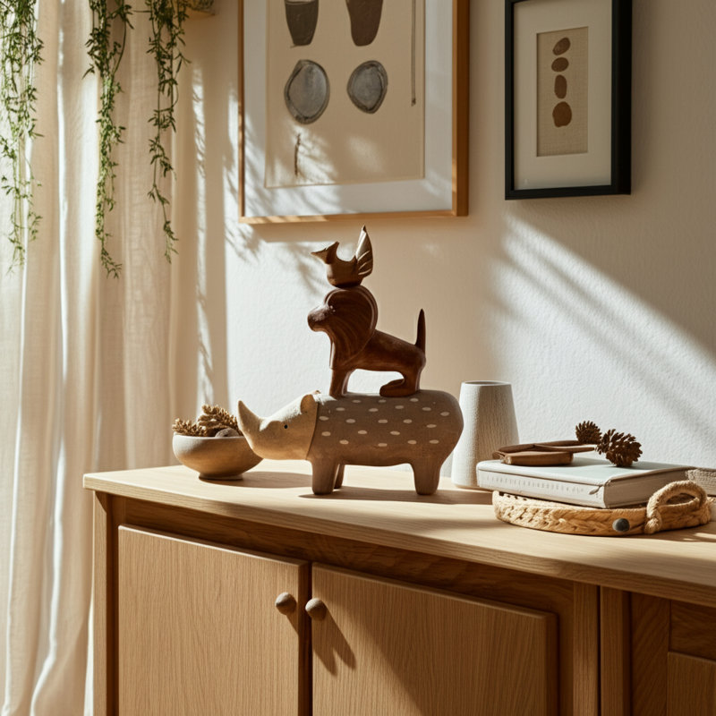 Playful Animals Stacked Figurine - Whimsical Sculpture Statue Featuring Artistic Detailing - Decorative Objects Accent For Home Decor On Table Styling, Tan & Brown