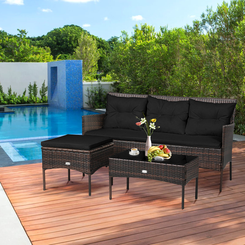 3 PCS Patio Conversation Set Outdoor PE Rattan Furniture Set-Black
