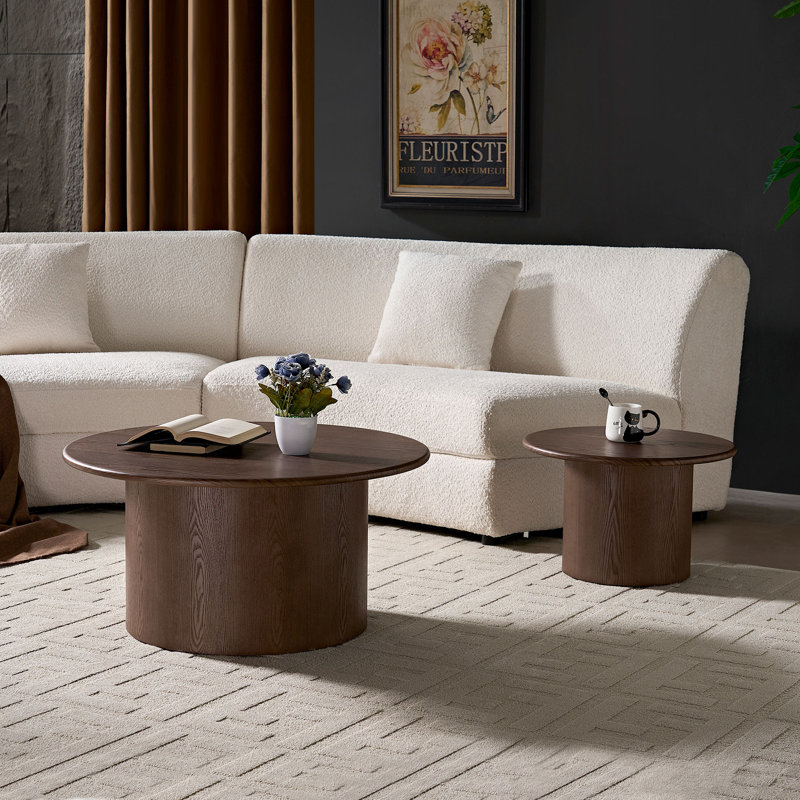 Ensemble de 2 tables basses, table basse ronde en panneau de fibres à densité moyenne pour salon, appartement et espace de loisirs noyer