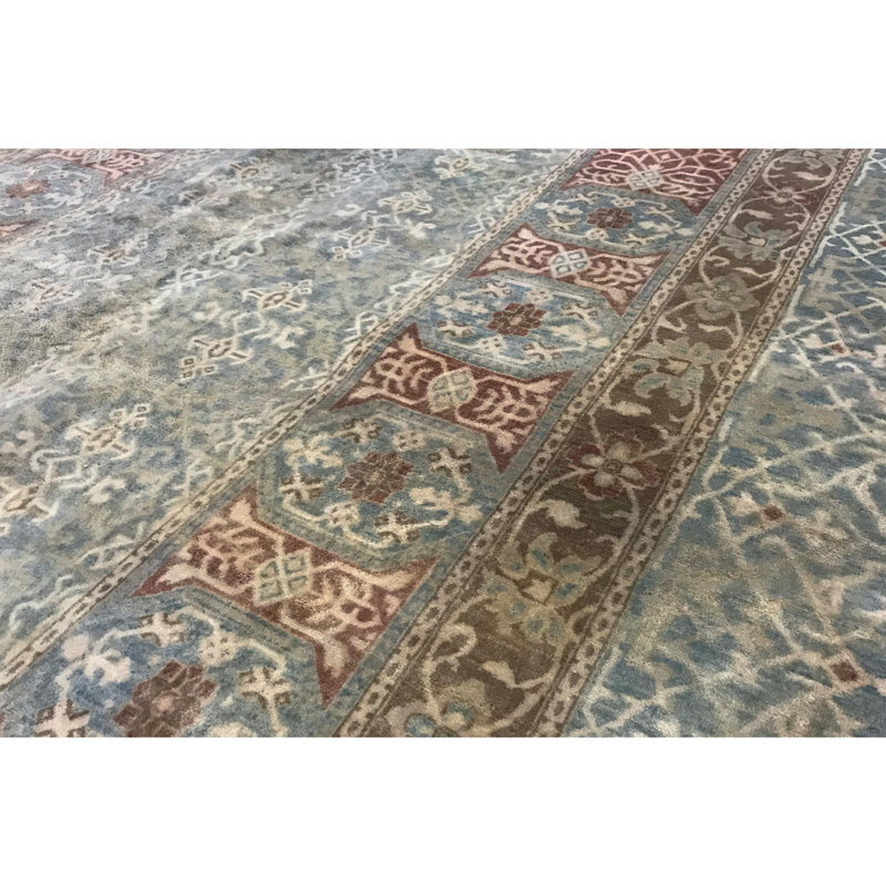 Tapis bleu et brun noué à la main de haute qualité, Rectangle 5 pi 9 po x 9 pi 1 po