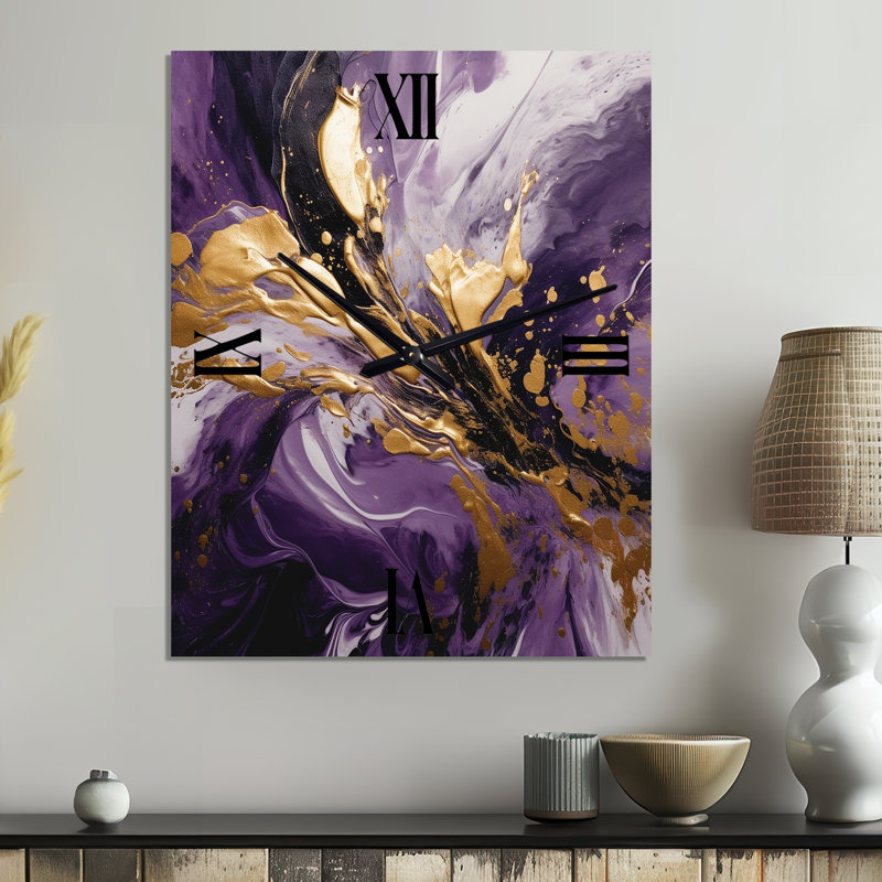 Horloge murale abstraite mauve et or liquide Magic II, Petit
