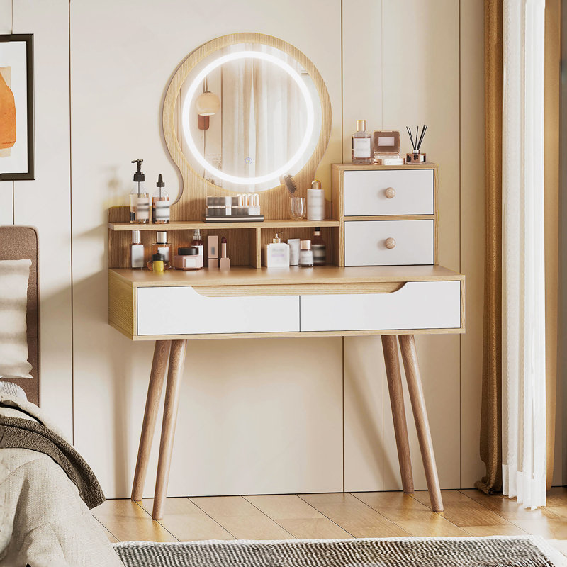 Ensemble de coiffeuse avec 3 miroirs lumineux réglables avec pieds de table en bois massif, ensemble de coiffeuse avec 4 tiroirs et 3 tablettes ouvertes