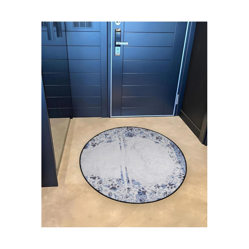 White Blue Theme Abstract Motif Patterned Round Woven Base Vintage Decorative Carpet, Round 3'4"