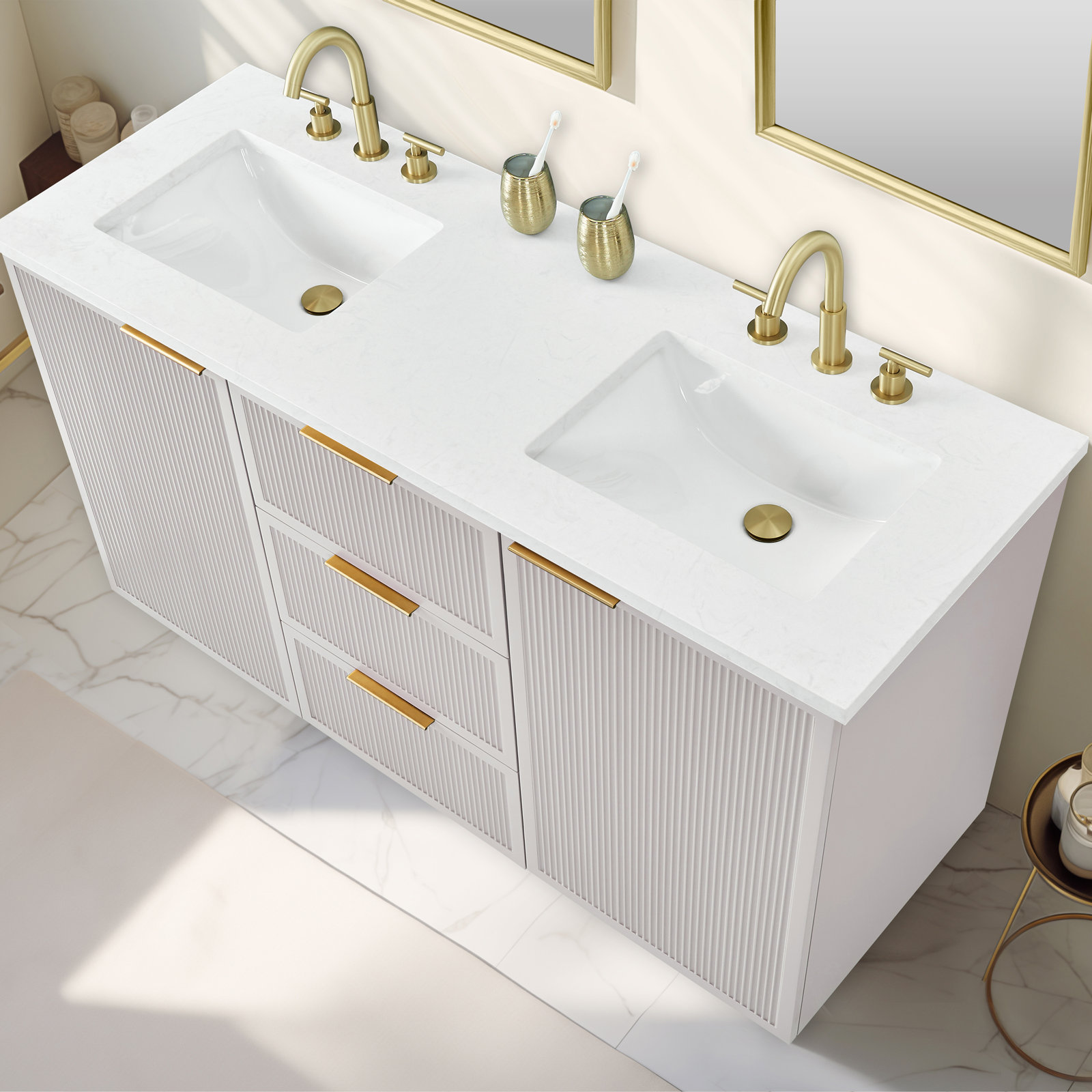 Aderyn 60" Pine Double Bathroom Vanity, Taupe/Brushed Bronze
