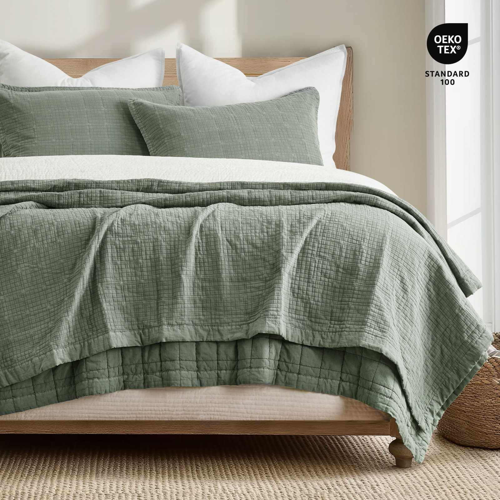 Crinkle Cotton Quilt Set, Olive Green, King Quilt + 2 King Shams