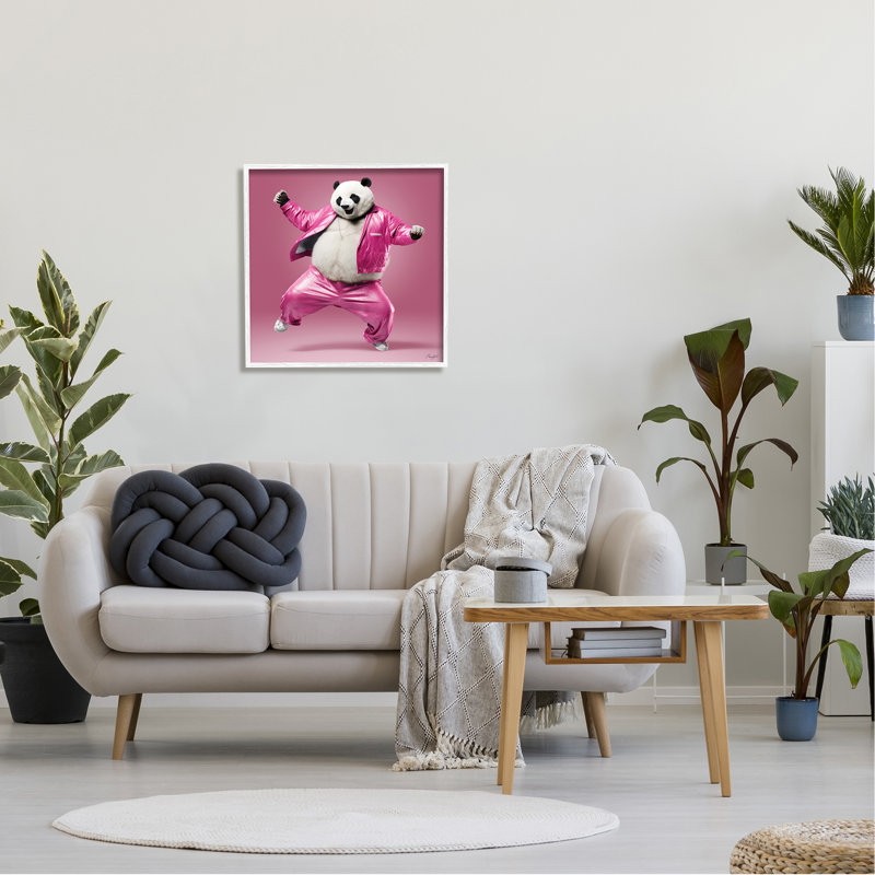 Panda dansant rose Az-158 par Roozbeh, Giclée encadrée blanc bord de mer, H 24 po x l 24 po x P 1,5 po