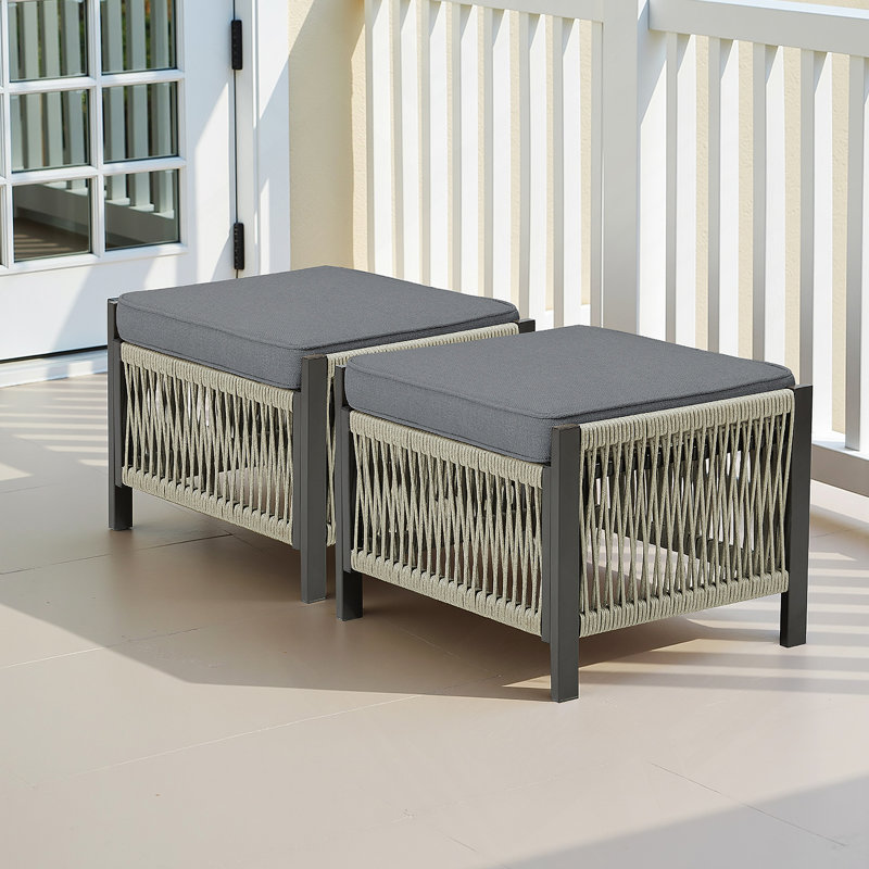 Ensemble de 2 repose-pieds d'extérieur en osier de polyéthylène pour l'extérieur avec coussin gris pour cour ou terrasse