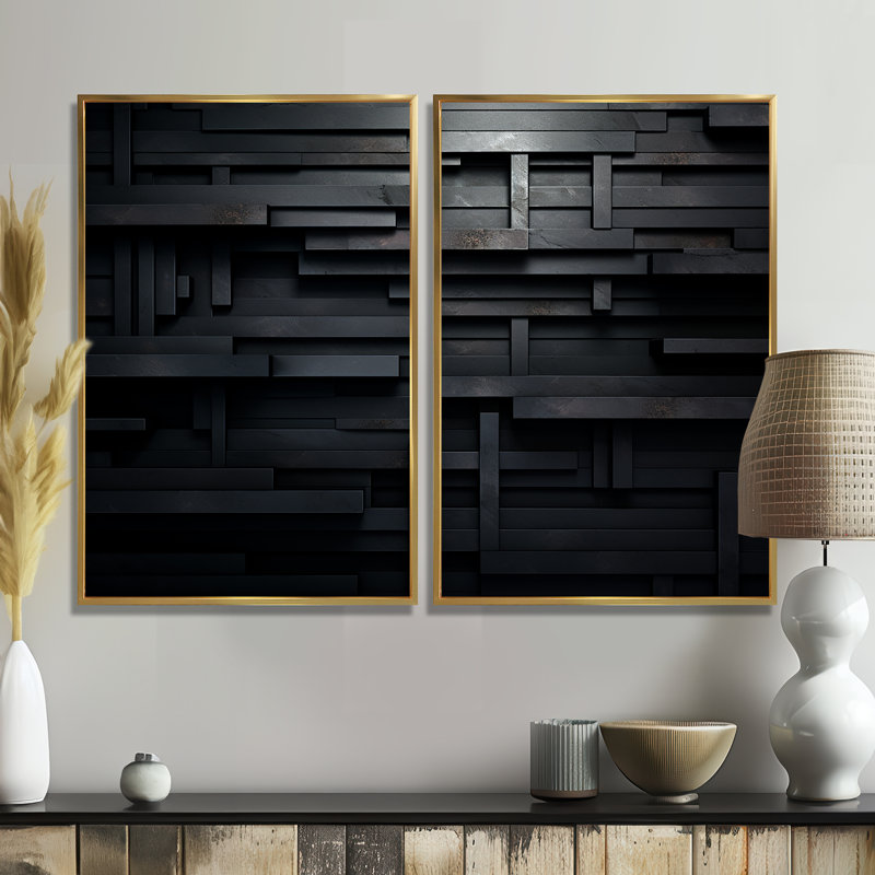 «Black Brick Cube Dimensions V», art mural abstrait géométrique, ensemble de 2 impressions sur toile, H 36 po x l 48 po, Doré