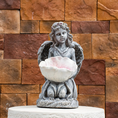 Statue de jardin ange agenouillé 18 po H, sculpture en oxyde de magnésium avec bol de fleurs, décoration de patio extérieur bicolore gris et rose