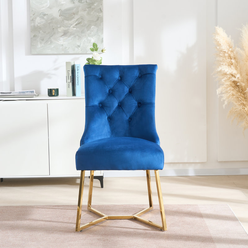 Ambra Modern Velvet Dining Chair With Gold Legs, Ring Handle & Tufted Back, Blue