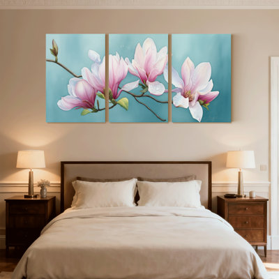 Plants & Flowers Pink Magnolia Flowers On Blue Background Set of 3 Canvas Wall Art Prints