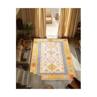 Yellow Themed Traditional Motif Fringed Vintage Decorative Rug