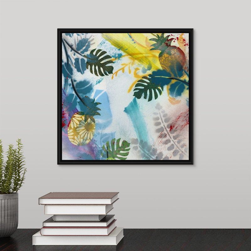 « new tropical bliss ii », peinture sur toile, H 13,7 po x l 13,7 po x p 1,75 po, Cadre flottant noir