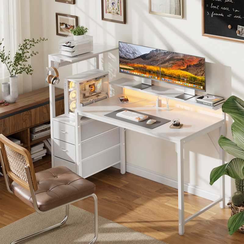 Steel Computer Desk with Built-In Electrical Outlet, 116cm. H x 152cm. W x 50cm. D, White