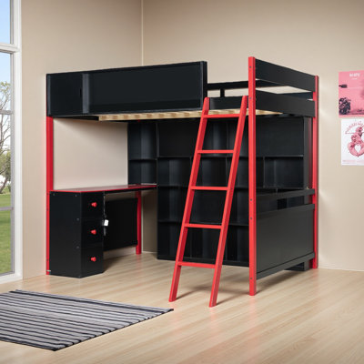 Lit mezzanine double en bois avec bureau, grand espace de rangement et lumière