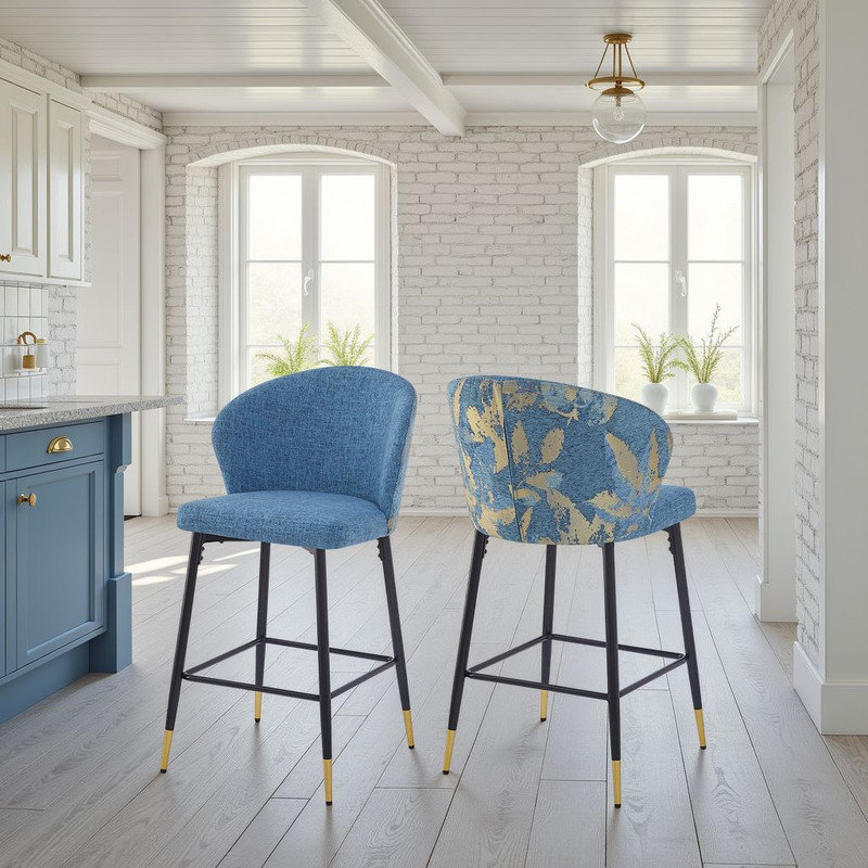 Ensemble de 2 chaises de bar rembourrées Jacquard, Bleu