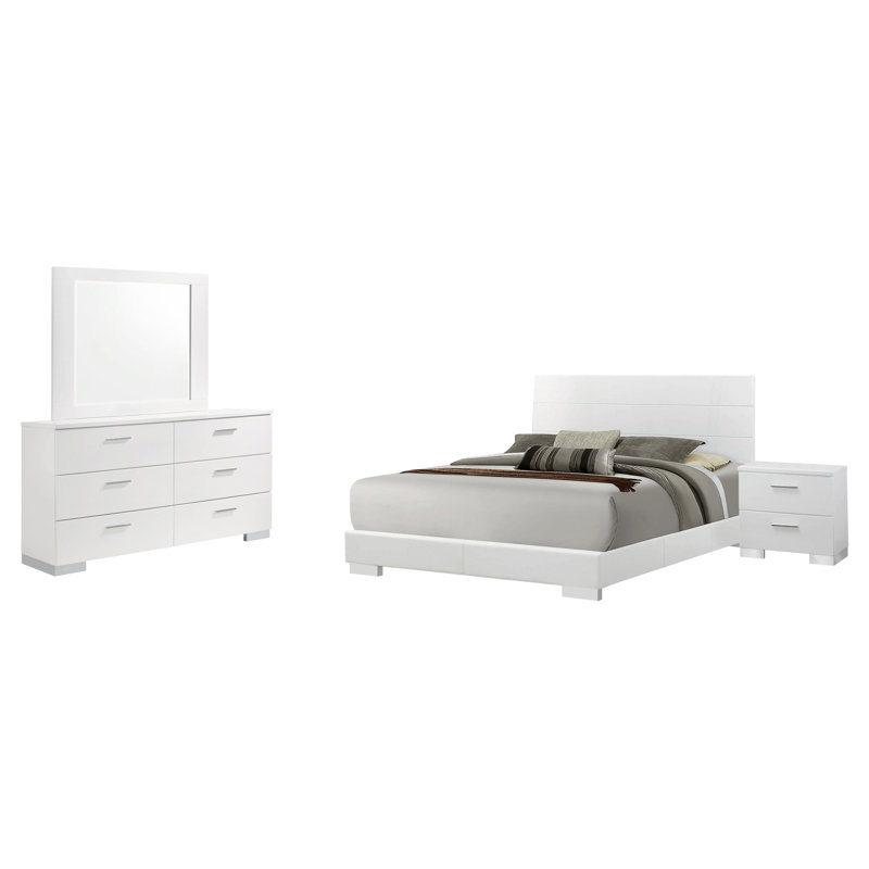 Ensemble de chambre à coucher Vyara en blanc brillant, Quatre pièces : lit, table de chevet, commode et