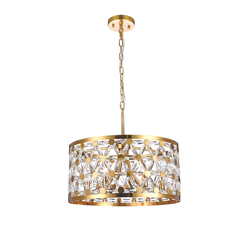 Lustre 6 lumières à abat-jour tambour en cuivre avec détails en cristal étoile transparente