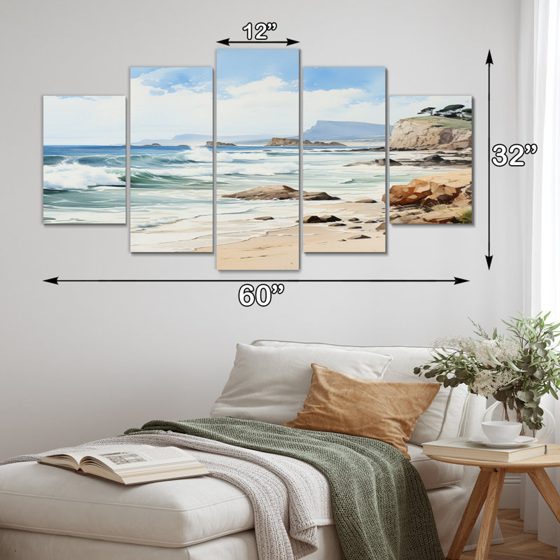 Rocky Beach Coastal Serenity I - Art mural sur toile nautique et plage - 5 panneaux