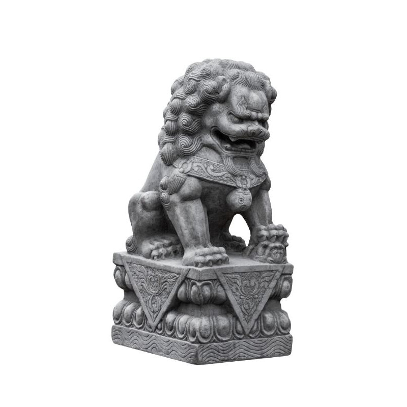 Garden Foo Dog Statue on Wave Plinth, Travertine