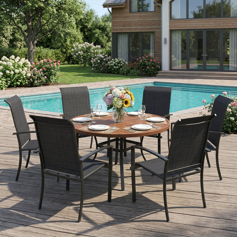 6-Person Round Patio Dining Set With Stackable Textilene Chairs, Brush Wood Brown/Black