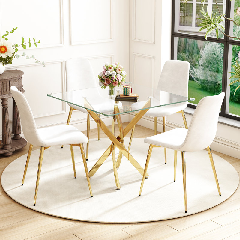5 - Piece Pedestal Dining Set, Gold, Gold/White