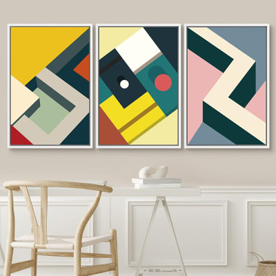 " Mid Century Illusion Pastel Colour Blocks Abstract Shape Illustration Modern Art Chic Multicolor " 3 - Pieces