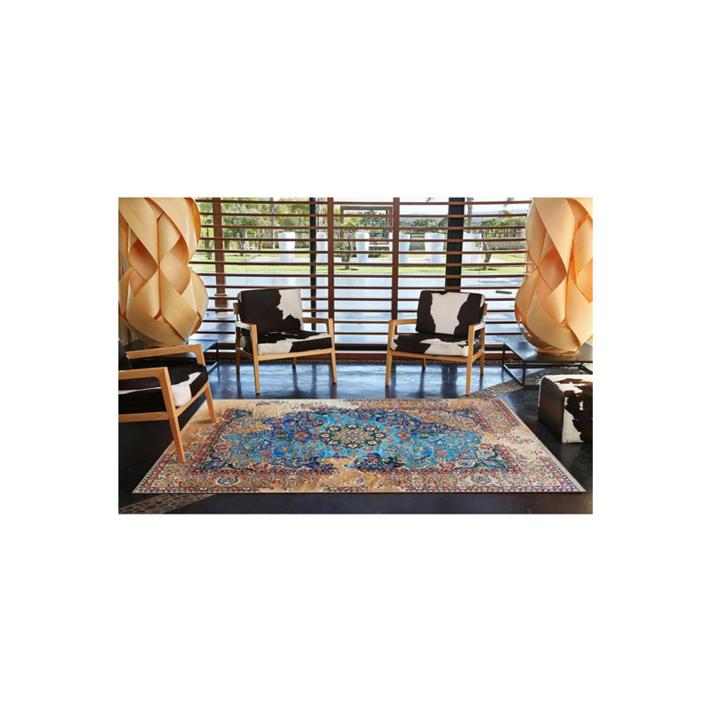 Blue Embroidered Traditional Modern Patterned Woven Base And Decorative Washable Carpet, Rectangle 2'4" x 4'